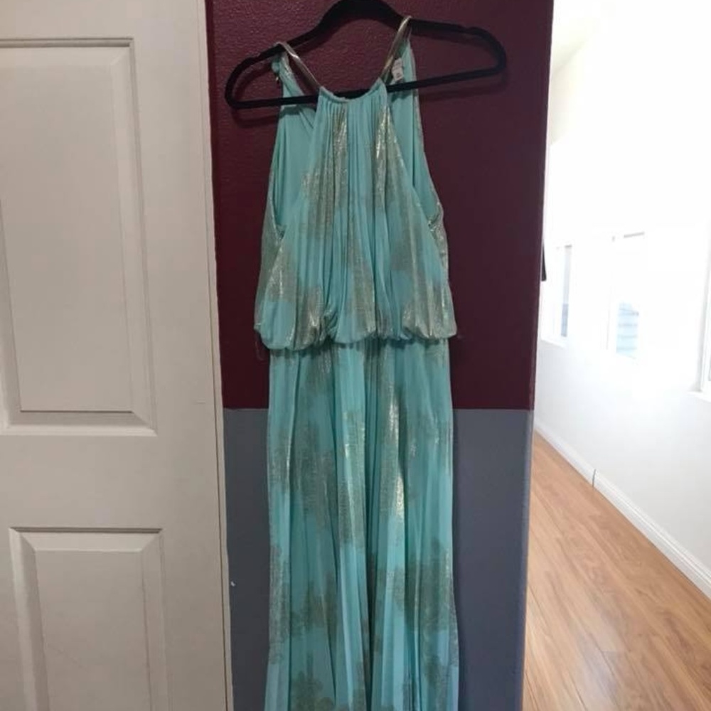 Teal with gold accents prom dress